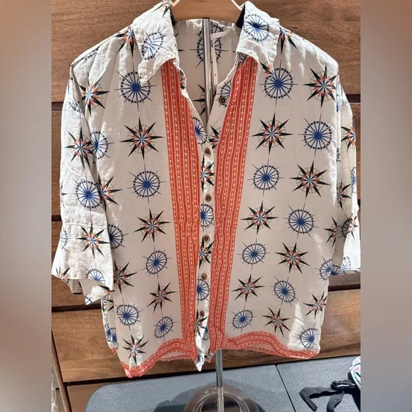 By Anthropologie Printed Short-Sleeve Linen Buttondown Shirt Top Cream compass - Picture 2 of 11